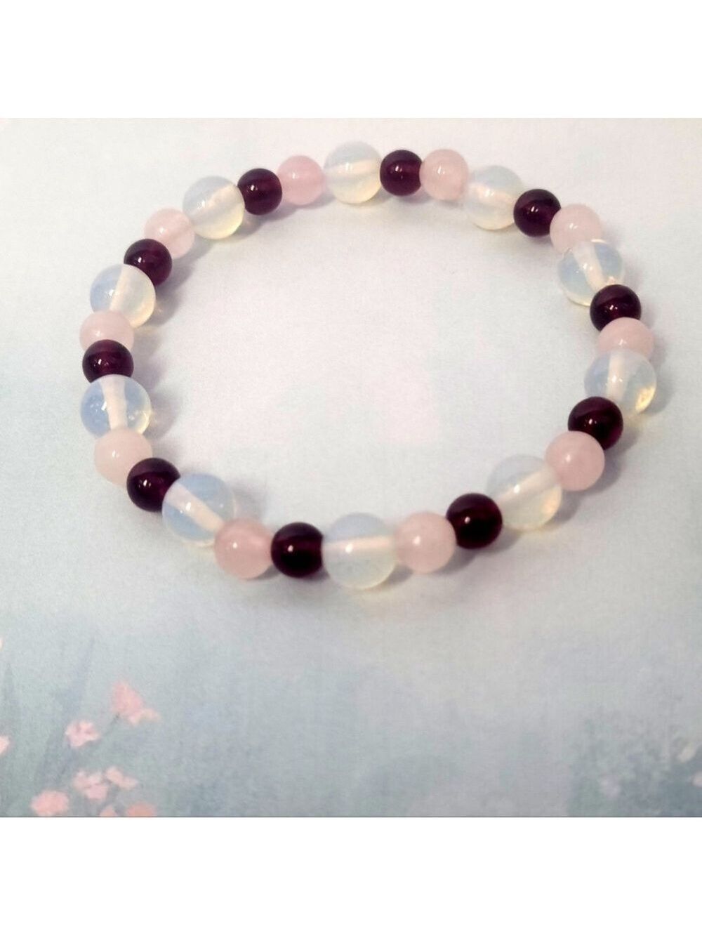 Garnet Rose Quartz Opalite Crystal Gemstone Stretch Bracelet 7.5"